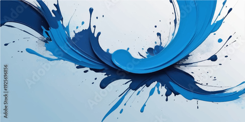 A creative blue ink and water splash design features a liquid paint splatter texture with watercolor stains and bubbles for an artistic grunge illustration