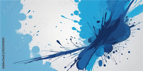 Abstract blue watercolor background with artistic ink splashes and green paint drops forming a liquid grunge texture design