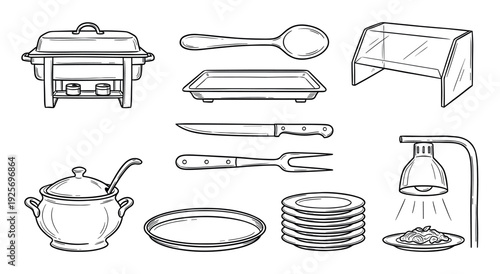 Hand-drawn black and white set of catering equipment including a chafing dish, soup tureen, carving utensils, and a heat lamp, illustrated in a simple doodle line art style