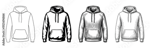 Four different black and white hoodies are illustrated in various artistic styles, including outline, solid fill, hatching, and stippling, showcasing casual apparel design