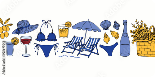Summer Beach Vacation Scene with Bikini Drinks Beach Chairs and Tropical