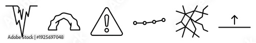 Set of six simple black outline icons including a warning sign, seismogram, arch, network, connection dots, and an upload arrow symbol for infographics