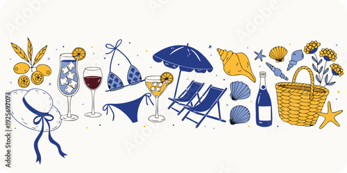 Summer Beach Vacation Scene with Bikini Drinks Beach Chairs and Tropical