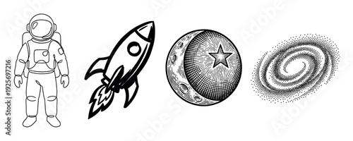 Four black and white space themed illustrations featuring a line art astronaut, a simple rocket ship, an engraved moon with a star, and a stippled spiral galaxy icon set