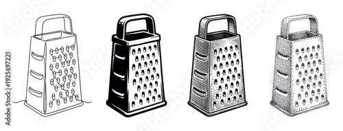 Set of four kitchen box graters illustrated in different artistic styles, including line art, silhouette, engraving, and stippling, showing a progression of graphic techniques