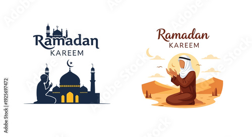 Ramadan kareem greetings with mosque and praying man illustrations