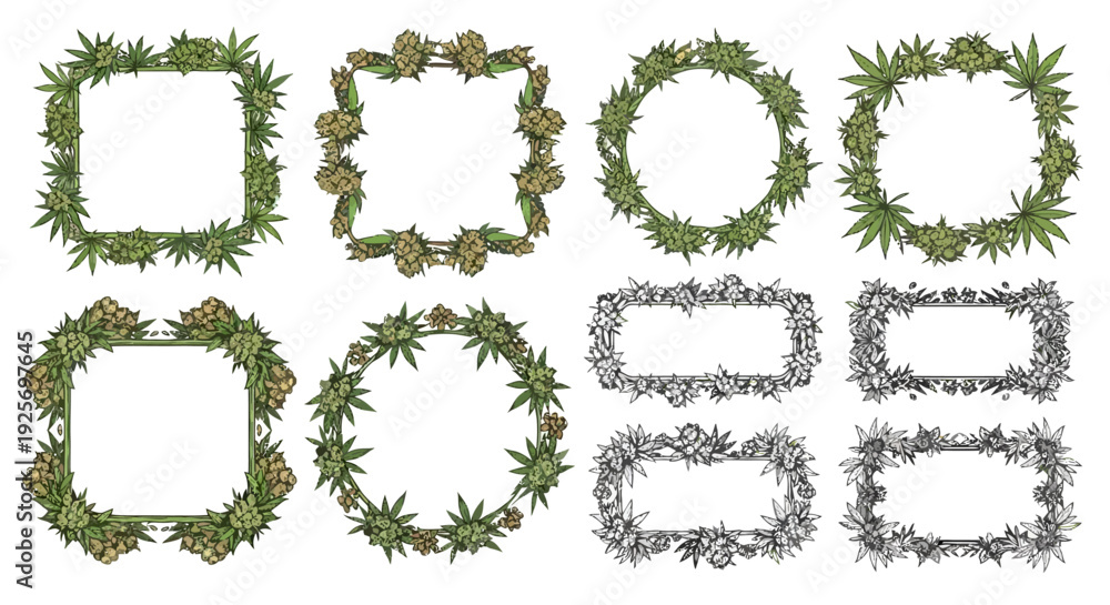 Obraz premium Floral frames and wreaths composed of leaves and small blossoms