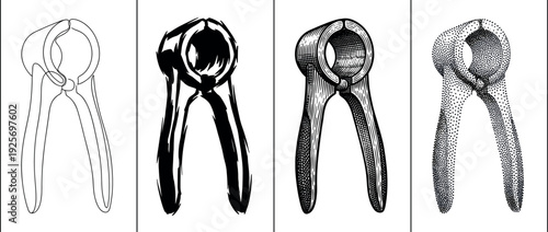 Set of four nutcracker illustrations showing different artistic styles including line art, brush stroke, engraving, and stippling for a graphic design or culinary concept