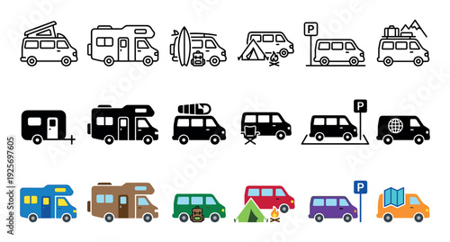 Camper van and recreational vehicle icon set in line, glyph, and flat color styles for travel, camping, and road trip concepts, featuring motorhomes, trailers, and vans