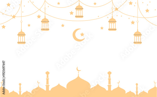Ramadan Kareem and Eid Mubarak Arabian lamp lanterns decorations, vector background. Islam holiday Muslim ornament of golden stars, crescent moon and hanging lantern lamps for Ramadan Kareem