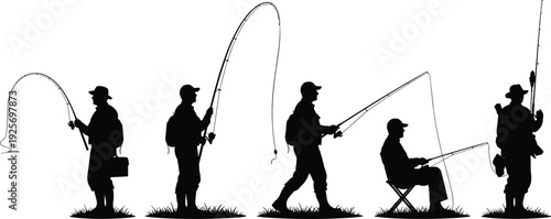 Fishing silhouette collection isolated on white background, anglers with rods casting and catching, outdoor hobby activity, nature sport, recreation design resource set