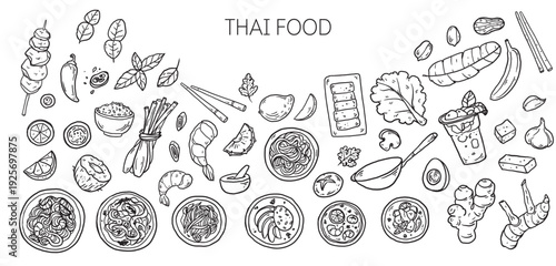 Hand drawn Thai food sketch . Whimsical food and drink doodles set. Hand drawn vector illustration for menu, packaging design. Thai cuisine quirky icons, simple sketch style. Minimalist line art