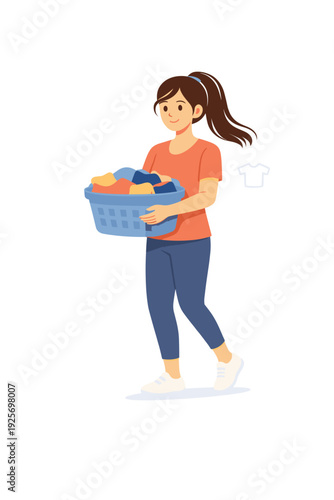 Young woman carrying laundry basket daily life girl doing household chores colorful vector illustration