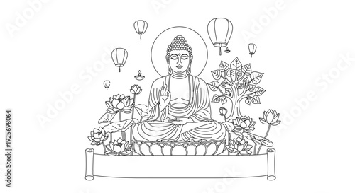 Buddha meditation illustration with lotus flowers and lanterns
