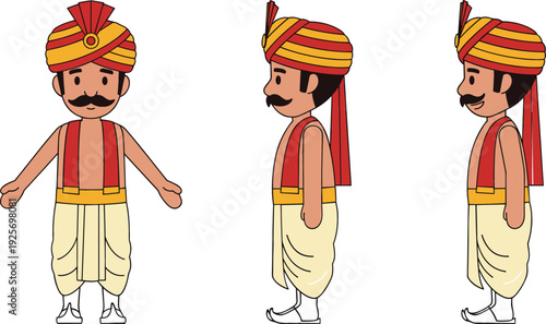 Traditional Indian Man in Colorful Turban Dhoti and Vest Illustration Set with Front Side and Profile Views Mustache Beard Bare Arms Ethnic Attire  Character for Festival Heritage Diwali Holi Designs