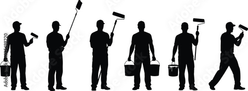 Painter silhouette collection isolated on white background, professional house painter poses, paint roller and bucket, renovation work, construction service design resource set