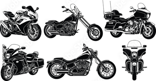 Motorcycle collection isolated on white background, sport bike and cruiser silhouettes, detailed motorbike illustration, transportation vehicle icons, automotive design resource set