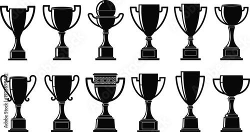 Trophy cup silhouette collection isolated on white background, award winner prizes, championship achievement symbols, sport competition success, victory icon design set