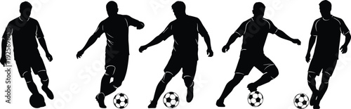 Soccer player silhouette collection isolated on white background, football dribbling action poses, sport activity, athletic competition, team game design resource set