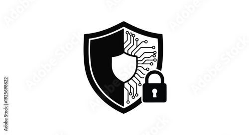 Cybersecurity shield with circuit board and padlock icon