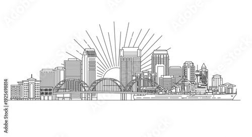 Modern city skyline with bridge at sunrise illustration