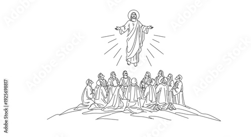 Jesus Christ ascending into heaven with disciples below in awe