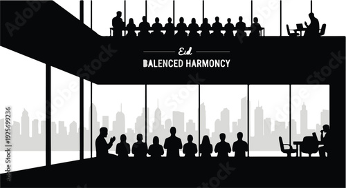 Business people working in modern office building with city skyline view