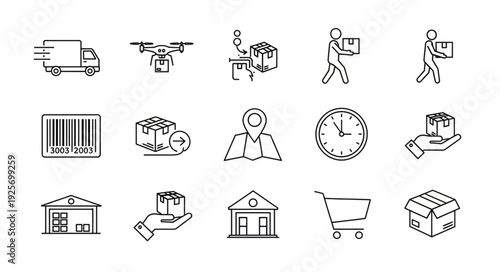 Collection of delivery and logistics icons in a simple line art style.