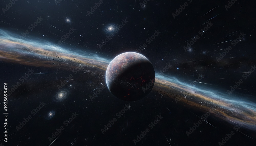 Fototapeta premium Colorful planet surrounded by a glowing ring and distant galaxies in a vast cosmic space, with stars and light streaks creating a dynamic celestial scene