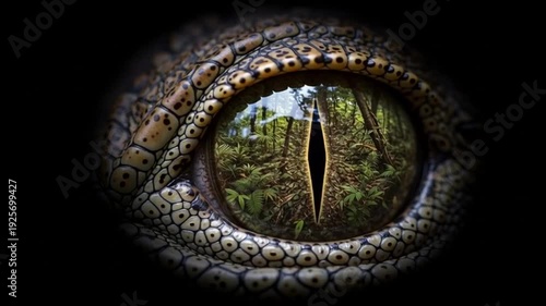 Close-up of a crocodile eye reflecting a lush green jungle, predator's gaze, nature wildlife