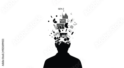 man with creative ideas and objects coming out of head