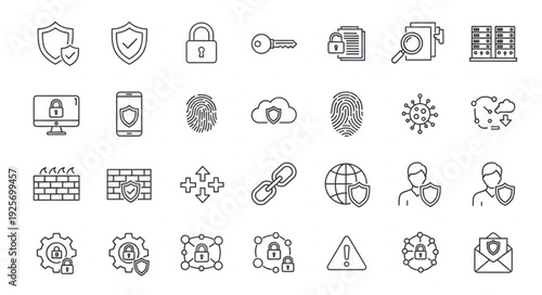 Collection of cybersecurity and data protection icons in a doodle style.