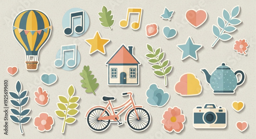 Collection of cute illustrated objects and symbols for design.