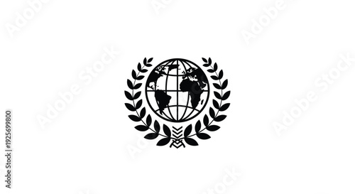 Black and white emblem displaying a globe encircled by laurel branches