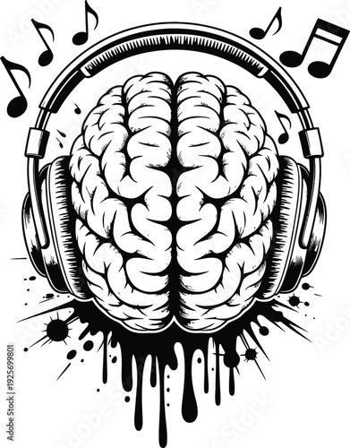Musical Brain with Headphones Line Art Illustration