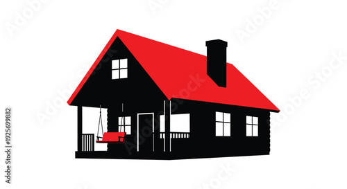 Stylized illustration of a black house with a red roof and porch swing