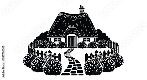 Charming thatched roof cottage illustration with a winding path and garden