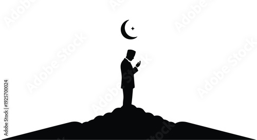 man standing on mountain reading book under crescent moon