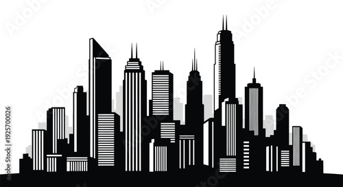 Black and white silhouette of a modern cityscape with towering skyscrapers