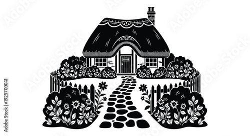 Charming black and white illustration of a quaint thatched roof cottage