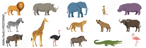 Diverse Collection of African Wildlife Featuring Majestic Lions, Elephants, Zebras, and More in Vivid Illustrations