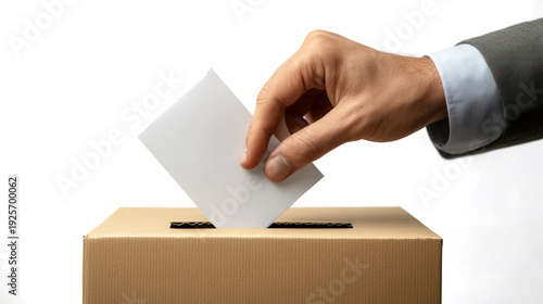 close-up of a hand placing a white ballot paper  into an empty cardboard box on an isolated transparent background