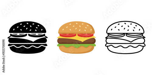 Collection of Three Different Hamburger Icons Featuring Various Styles and Colors for Food Service and Menu Design