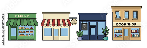 Collection Of Four Distinct Commercial Storefronts Showcasing Various Businesses and Retail Establishments