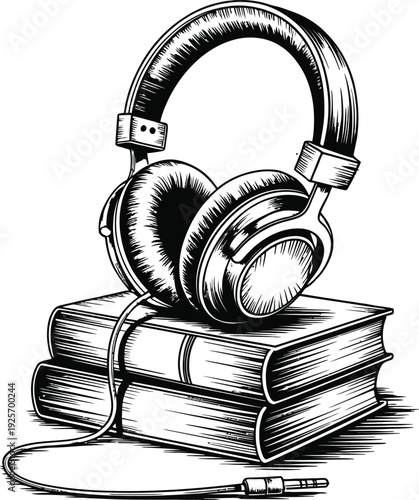 Musical Brain with Headphones Line Art Illustration