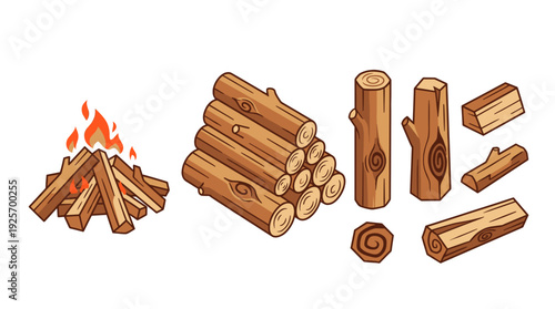 Collection of Various Sawn Timber Logs and Firewood Bundles, Featuring a Burning Campfire Illustration