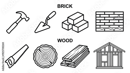 Construction Materials Including Bricklaying Tools, Timber Resources, and Building Elements