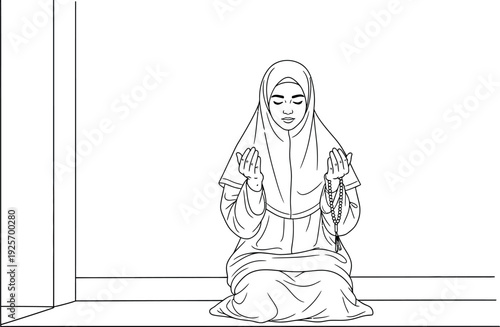 Serene Muslim woman praying with rosary in peaceful contemplation