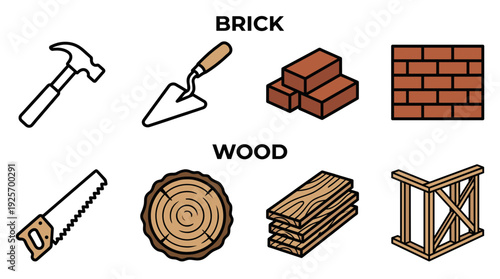 Tools for Brick and Wood Construction and Building Materials Illustrated