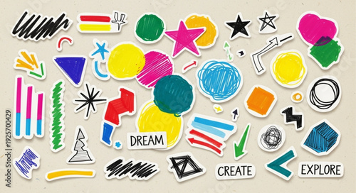 Collection of colorful abstract doodles and shapes.